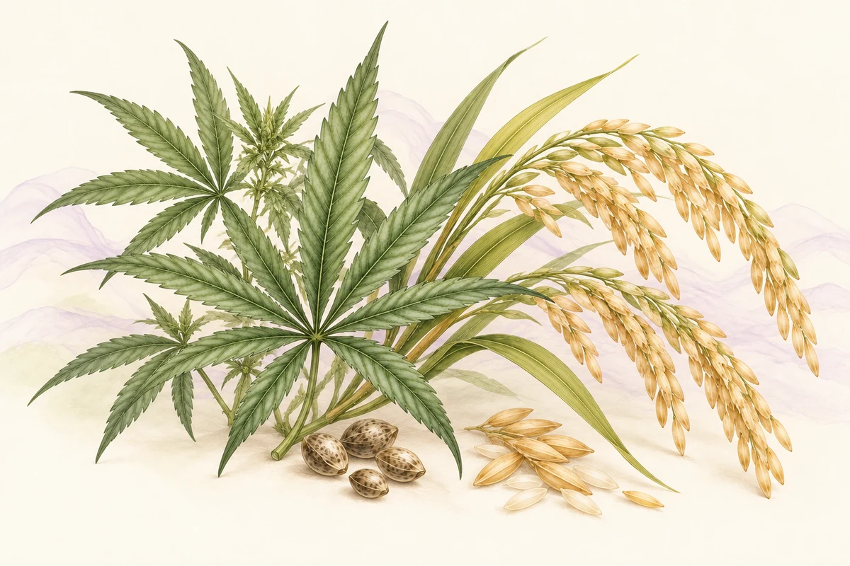 Illustrazione botanica di canapa e spighe di riso su fondo avorio con sfumature lilla