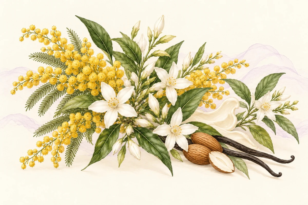 Composizione delle note Floral green con mimosa, gelsomino, foglie verdi, mandorle e vaniglia