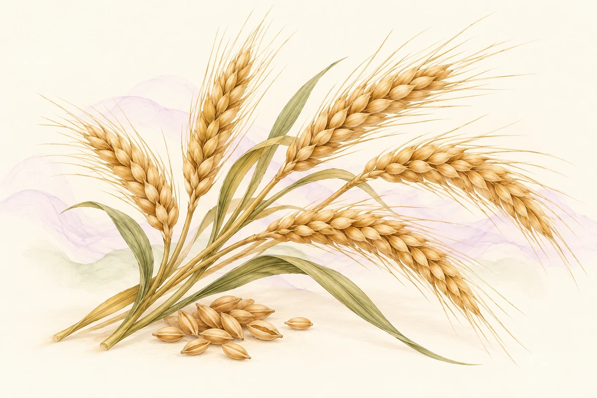 Spighe e chicchi di grano illustrati su fondo avorio con sfumature lilla