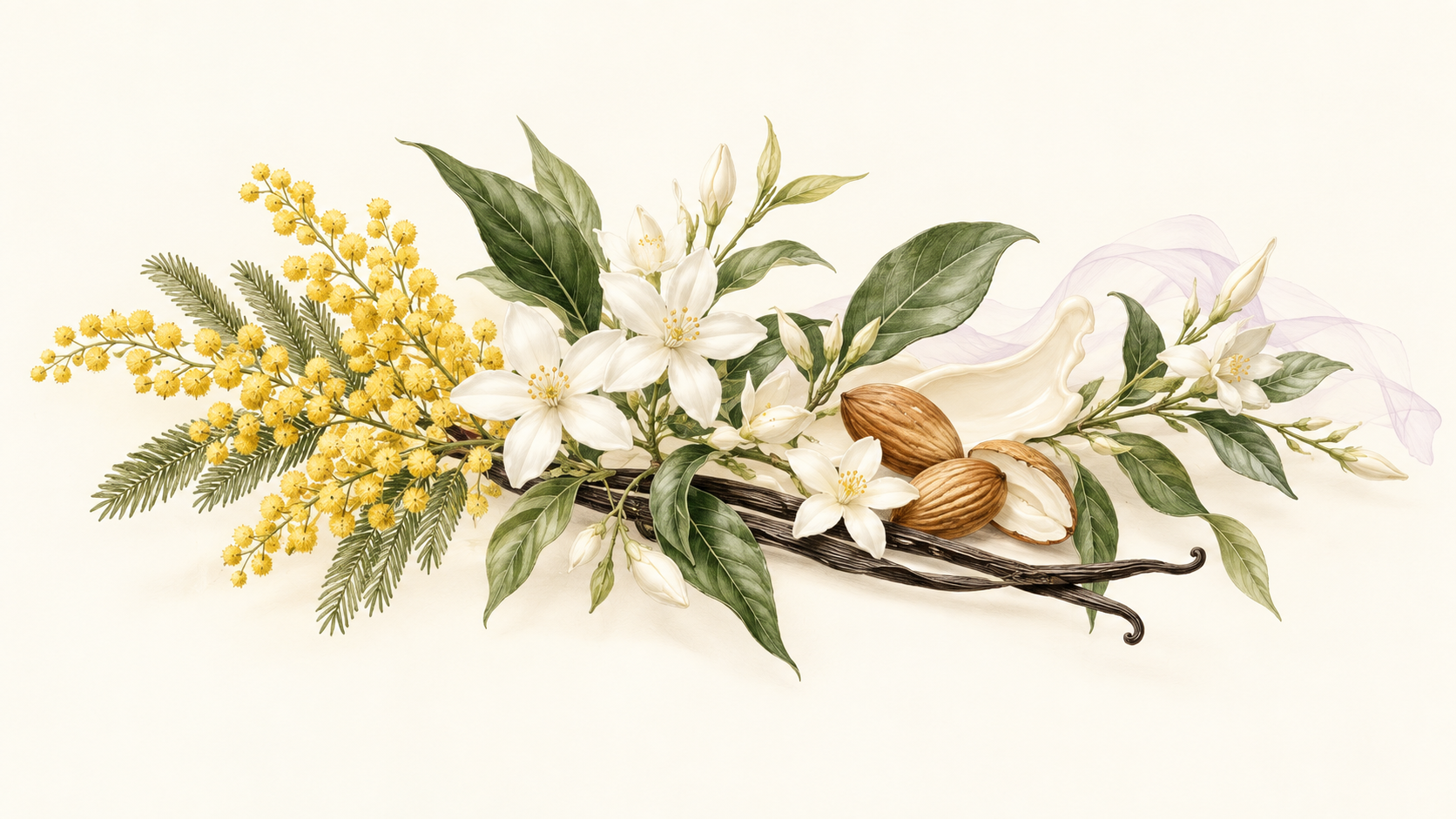 Bouquet delle note olfattive: latte di mandorla, mimosa, foglie verdi, gelsomino, muschio bianco e vaniglia